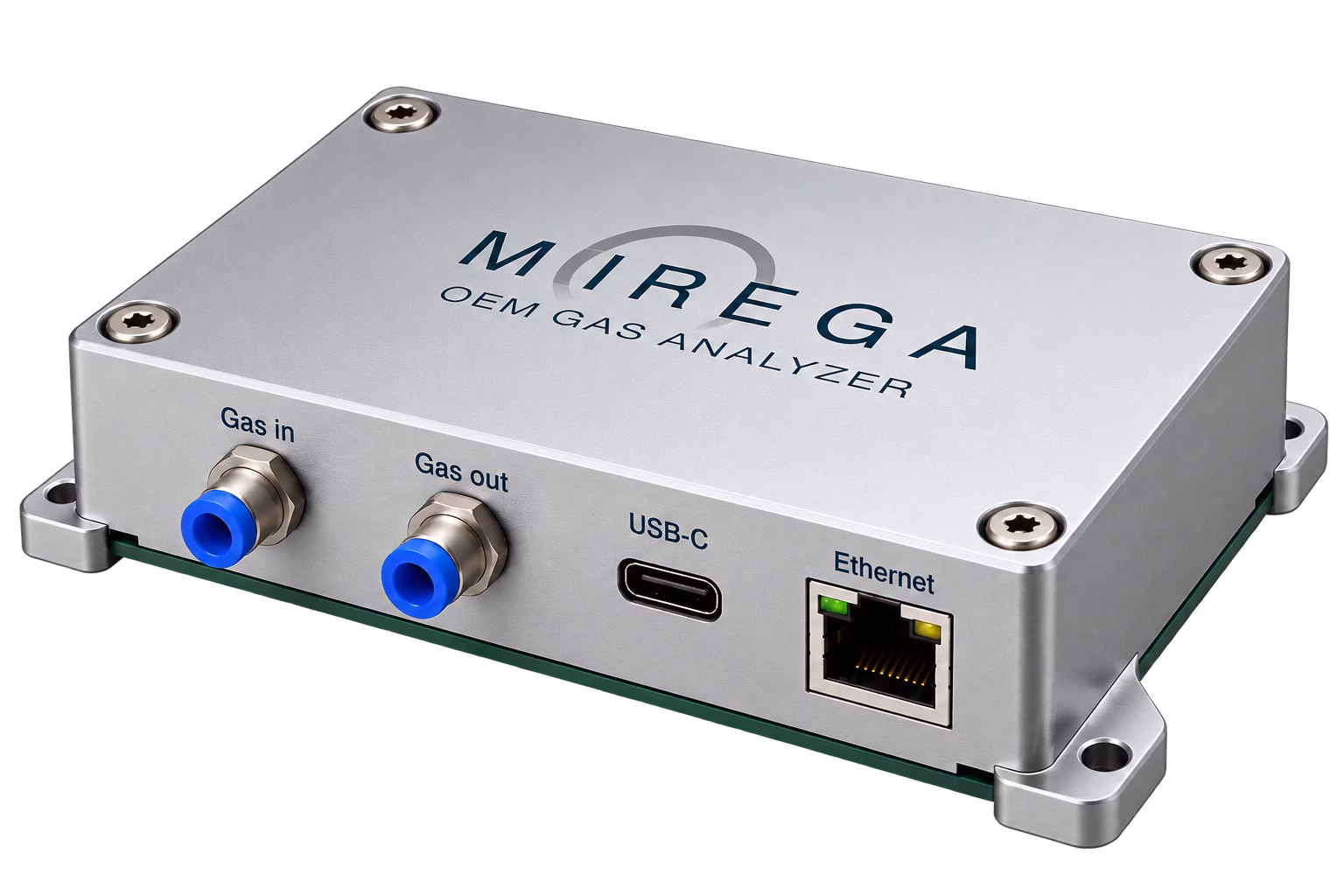 Mirega OEM Gas Analyzer module on a transparent background, showing the Gas In, Gas Out, USB-C and Ethernet ports